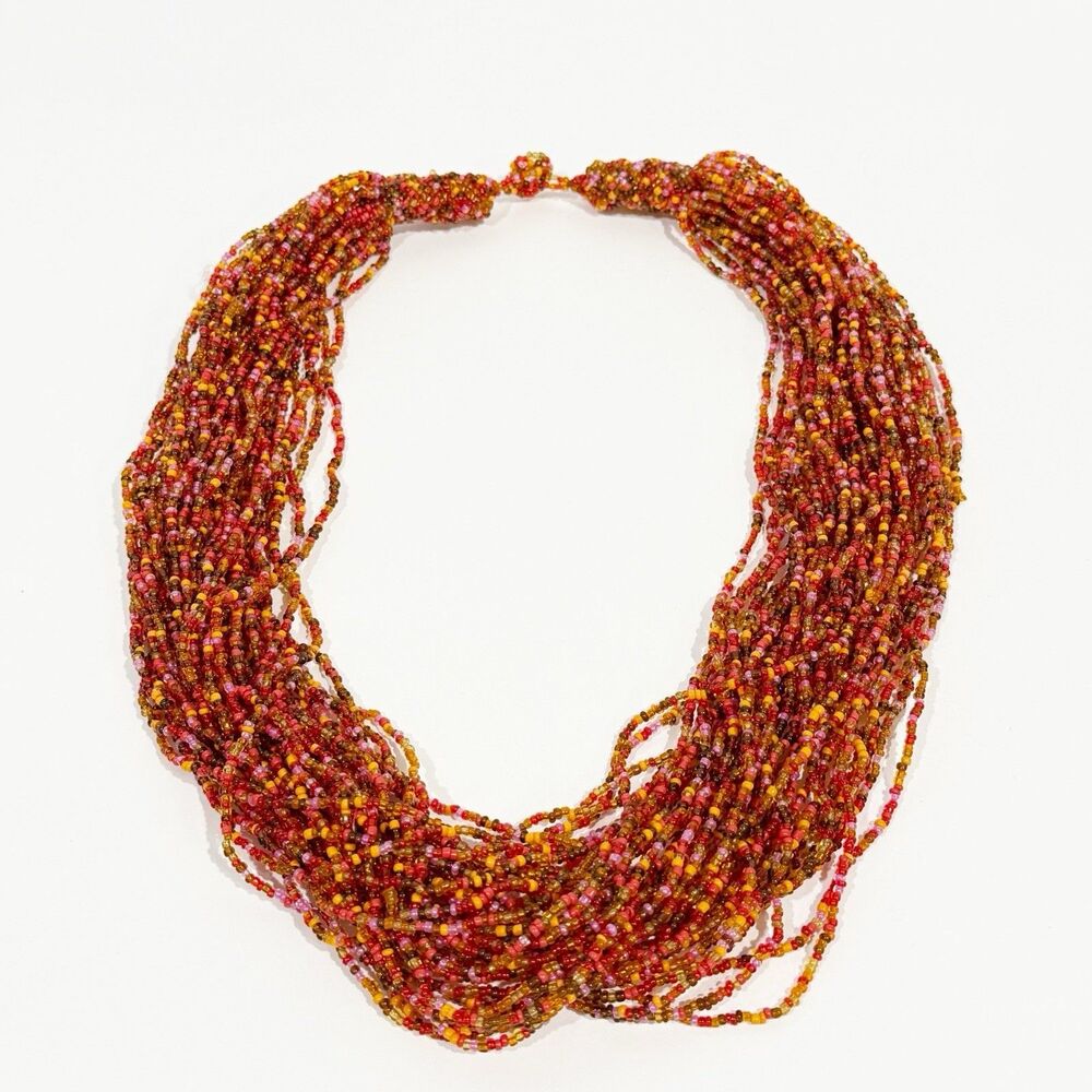 Vtg Necklace red and orange seed beads 30 strands 20 in long crocheted ends - Picture 3 of 8